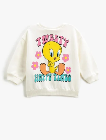 Tweety Sweatshirt Lisanslı Uzun Kollu Bisiklet Yaka Pamuklu