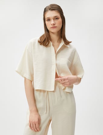 Oversize Crop Gömlek Cepli Kısa Kollu Modal Karışımlı