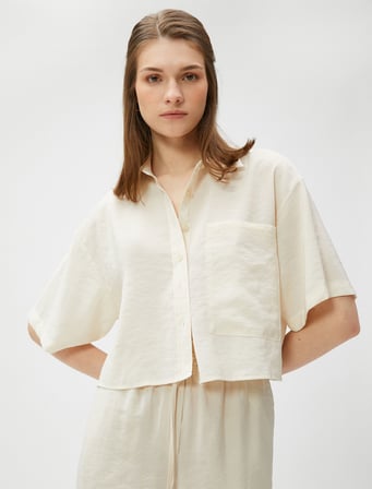 Oversize Crop Gömlek Cepli Kısa Kollu Modal Karışımlı