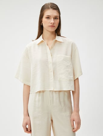 Oversize Crop Gömlek Cepli Kısa Kollu Modal Karışımlı