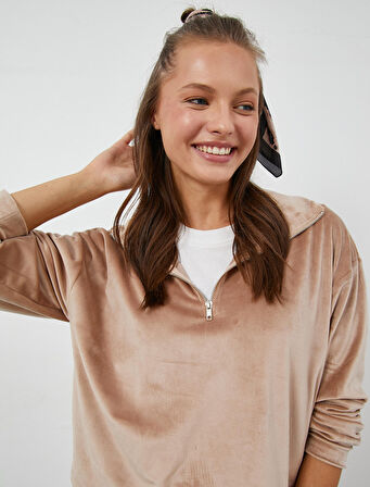 Kışlık Pijama Üstü Kadife Dik Yaka Fermuarlı