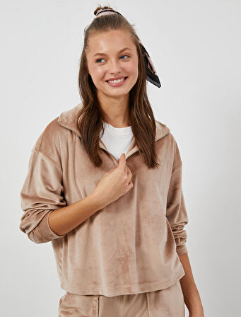 Kışlık Pijama Üstü Kadife Dik Yaka Fermuarlı