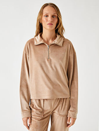 Kışlık Pijama Üstü Kadife Dik Yaka Fermuarlı