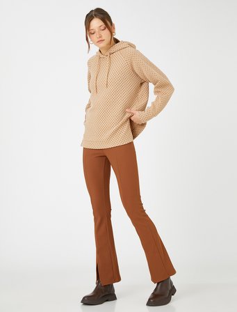 Kapüşonlu Uzun Sweatshirt Dokulu Yırtmaçlı