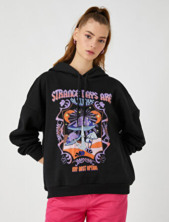 Oversize Sweatshirt Baskılı Kapüşonlu İçi Polarlı