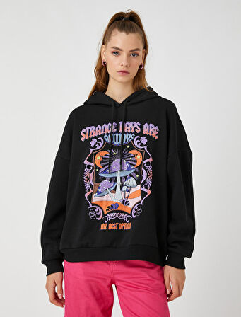 Oversize Sweatshirt Baskılı Kapüşonlu İçi Polarlı