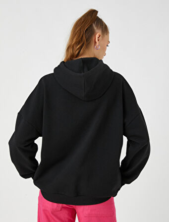 Oversize Sweatshirt Baskılı Kapüşonlu İçi Polarlı