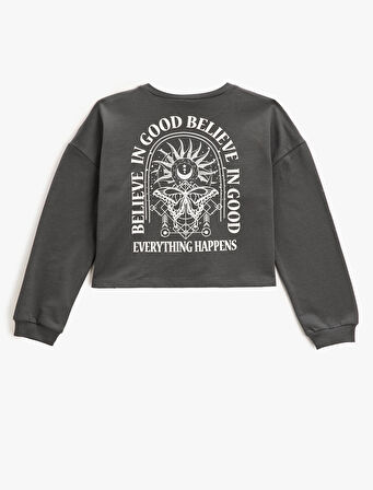 Crop Sweatshirt Baskılı Bisiklet Yaka