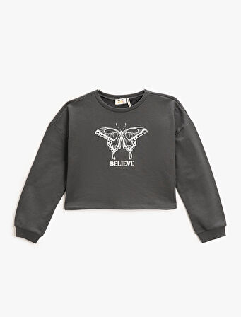 Crop Sweatshirt Baskılı Bisiklet Yaka