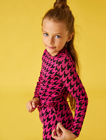 Crop Tişört Kazayağı Desenli Uzun Kollu