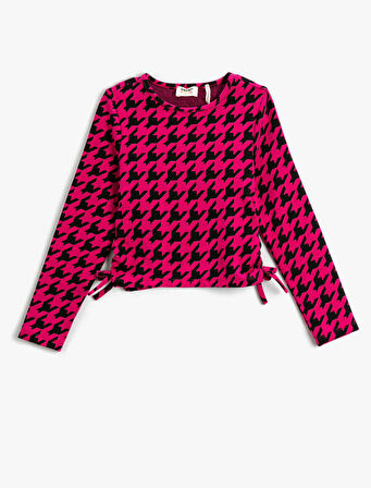 Crop Tişört Kazayağı Desenli Uzun Kollu