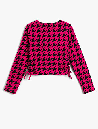 Crop Tişört Kazayağı Desenli Uzun Kollu