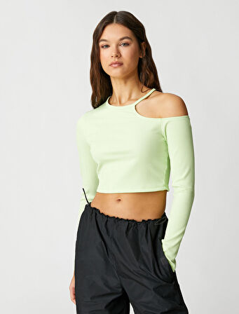 Uzun Kollu Tişört Crop Pencere Detaylı Bisiklet Yaka