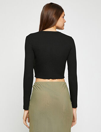 Uzun Kollu Tişört Crop Bisiklet Yaka Nervürlü Basic