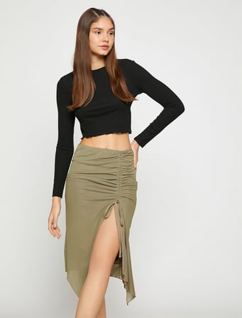 Uzun Kollu Tişört Crop Bisiklet Yaka Nervürlü Basic