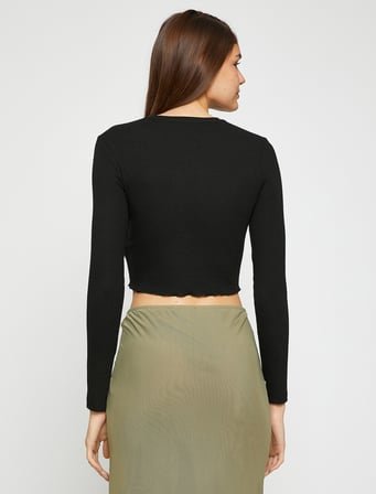 Uzun Kollu Tişört Crop Bisiklet Yaka Nervürlü Basic