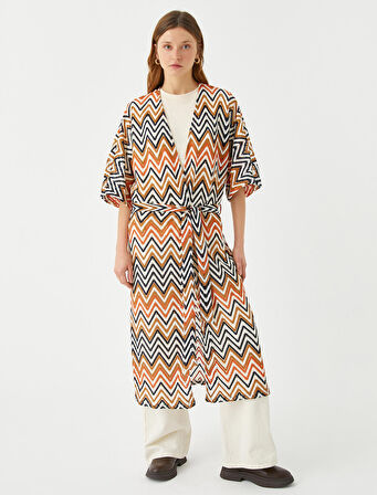 Zigzag Desenli Uzun Kimono Kuşaklı