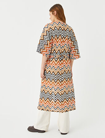 Zigzag Desenli Uzun Kimono Kuşaklı