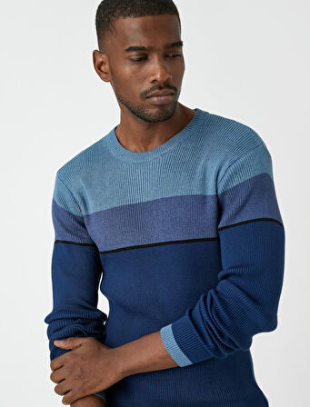 Basic Triko Kazak Bisiklet Yaka Renk Bloklu