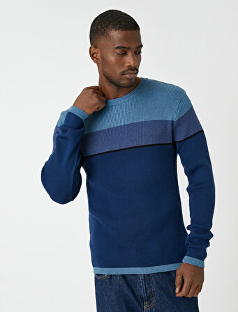 Basic Triko Kazak Bisiklet Yaka Renk Bloklu