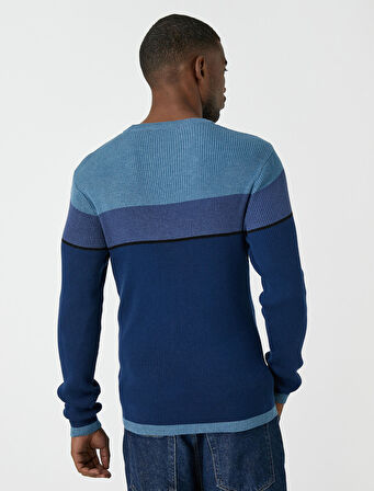 Basic Triko Kazak Bisiklet Yaka Renk Bloklu