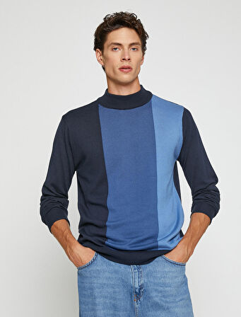 Renk Bloklu Kazak Yarım Balıkçı Yaka