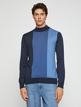 Renk Bloklu Kazak Yarım Balıkçı Yaka