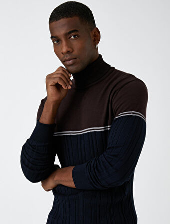 Balıkçı Yaka Triko Kazak Renk Bloklu