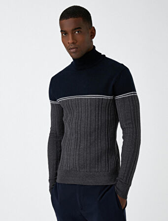 Balıkçı Yaka Triko Kazak Renk Bloklu