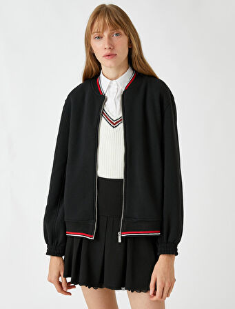 Bomber Fermuarlı Sweatshirt Şerit Detaylı