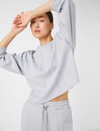 Crop Sweatshirt Örgü Desenli Uzun Kollu