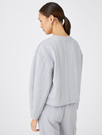Crop Sweatshirt Örgü Desenli Uzun Kollu
