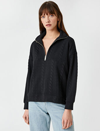Dik Yaka Yarım Fermuarlı Sweatshirt Örgü Desenli