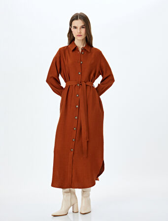 Kemerli Uzun Kollu Viskon Uzun Gömlek Elbise