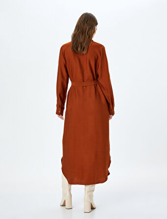 Kemerli Uzun Kollu Viskon Uzun Gömlek Elbise