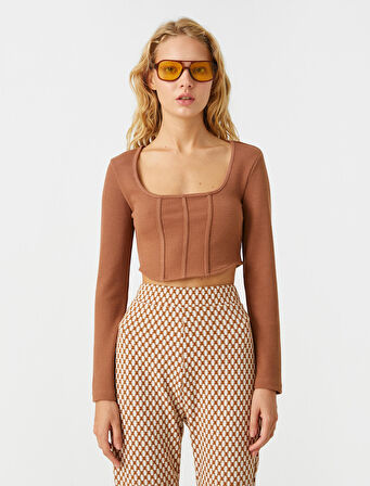 Uzun Kollu Tişört Crop Korse Detaylı Kare Yaka