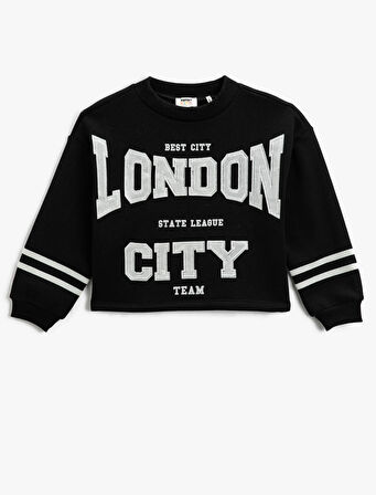 Crop Oversize Sweatshirt Çizgili Aplike Detaylı Uzun Kollu 