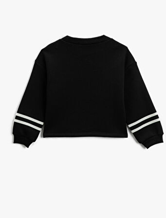 Crop Oversize Sweatshirt Çizgili Aplike Detaylı Uzun Kollu 