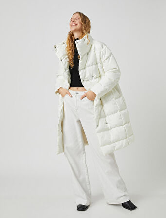 Uzun Şişme Mont Anvelop Çıtçıtlı Dik Yaka Cepli