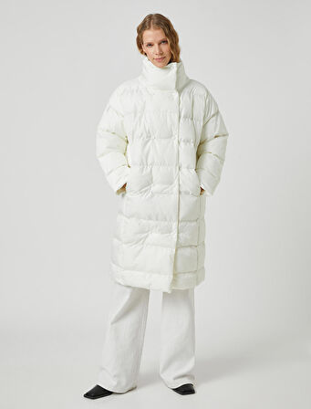 Uzun Şişme Mont Anvelop Çıtçıtlı Dik Yaka Cepli