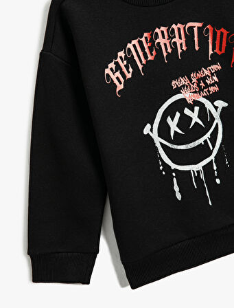 Kapşonlu Sweatshirt Şardonlu Bisiklet Yaka Baskılı 