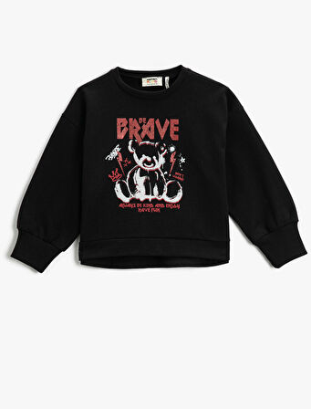 Ayıcık Baskılı Sweatshirt Pamuklu Bisiklet Yaka Uzun Kollu