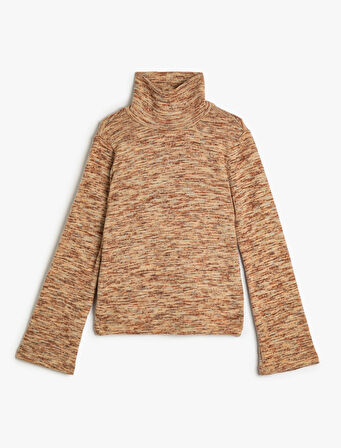 Yarım Boğazlı Triko Tişört Geniş Uzun Kollu Etnik Desenli