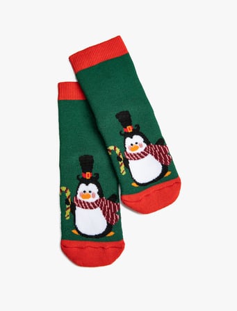 Yılbaşı Temalı Havlu Çorap Penguen Desenli 