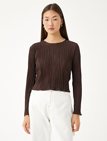 Piliseli Crop Tişört Bisiklet Yaka Uzun Kollu