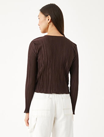 Piliseli Crop Tişört Bisiklet Yaka Uzun Kollu