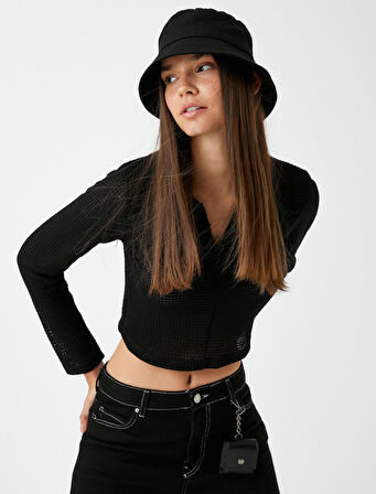 Crop Tişört Polo Yaka Uzun Kollu