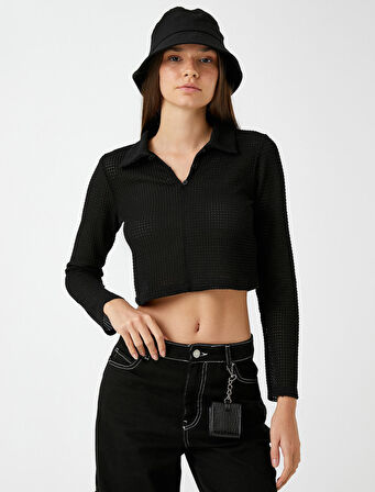 Crop Tişört Polo Yaka Uzun Kollu