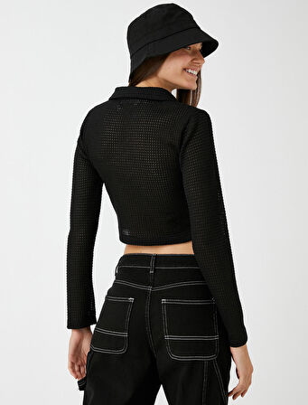 Crop Tişört Polo Yaka Uzun Kollu