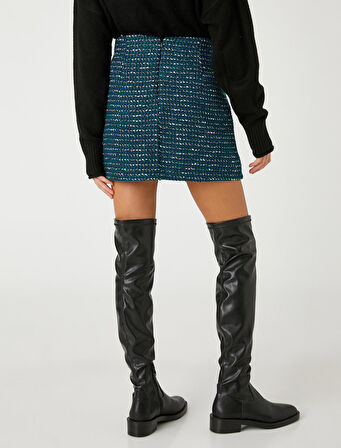 Tüvit Şort Etek Yün Karışımlı Mini Piliseli Yanları Toka Detaylı Desenli